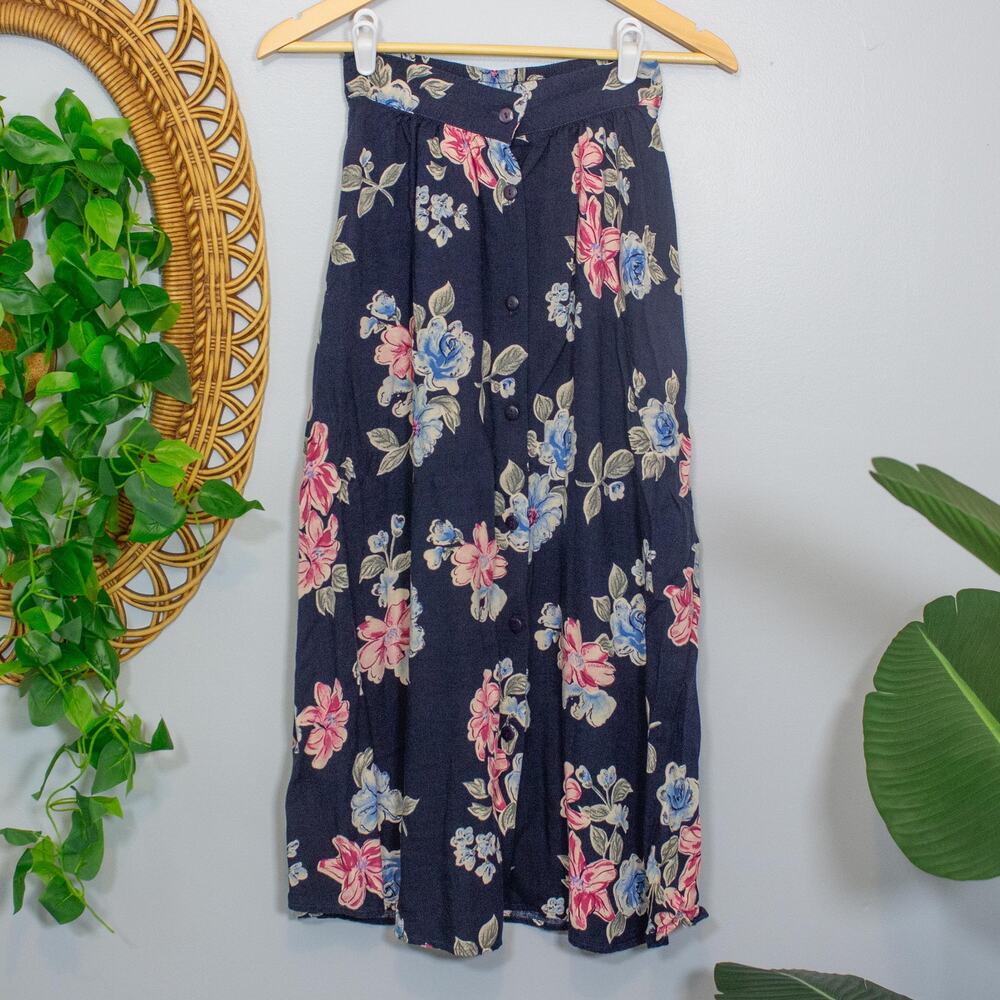 Floral Button Midi Skirt Navy Pink Blue Cottagecore 90s Laura Scott True Summer